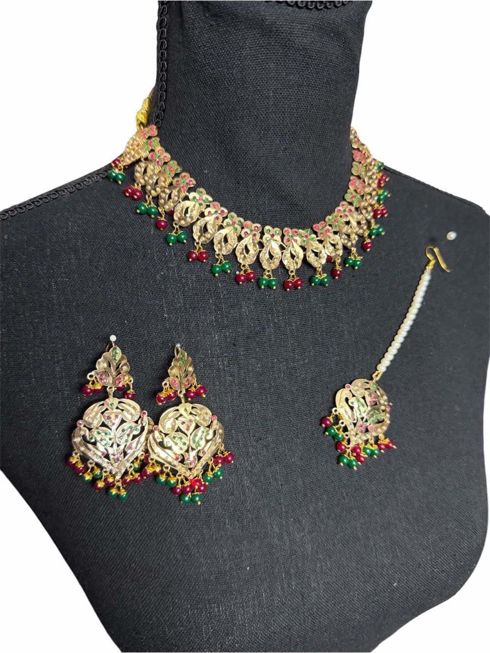 Navratan Traditional Gold-Tone Necklace Set with Red & Green Beads